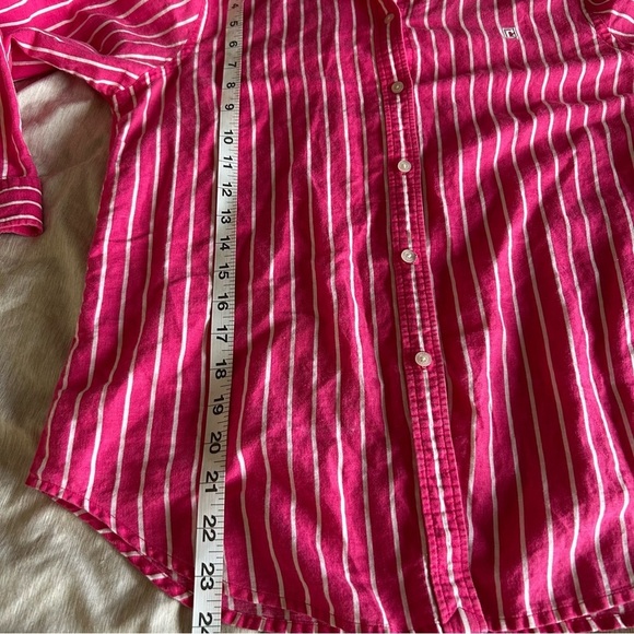 Chaps Barbie Pink Academia 3/4 Sleeve, Striped, Button Down, Preppy Shirt - Picture 6 of 7